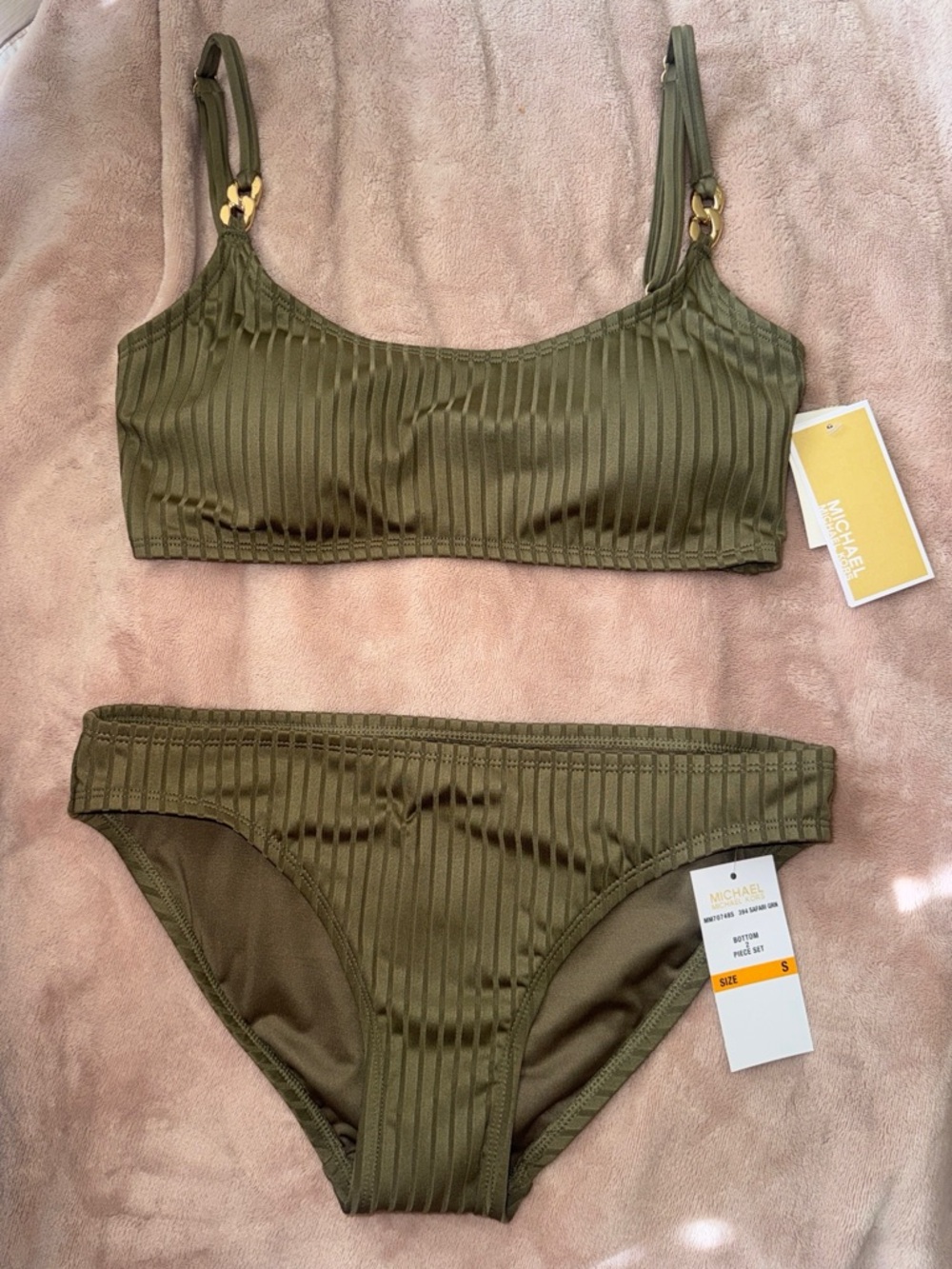 NWT Michael Kors Olive Green Ribbed Bralette Bikini Set with gold chain links